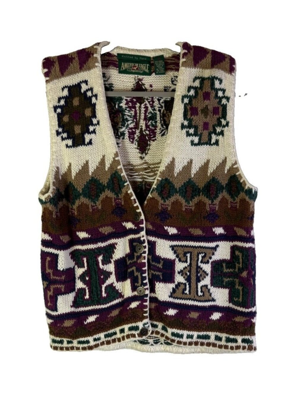 Vintage 90s Hand Knit Cardigan Sweater Vest Navajo Western Country